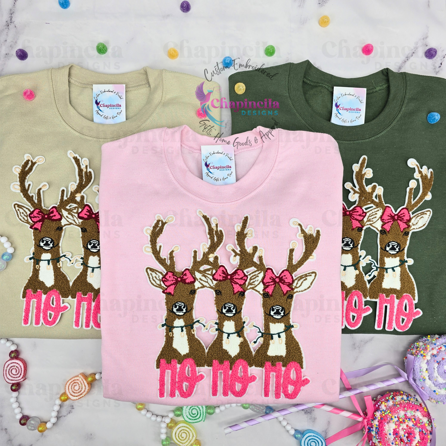 Christmas Reindeer Embroidered Patch Sweatshirt, Cute Holiday Coquette Bow Deer Crewneck, Vintage Holiday Reindeer Long Sleeve T-Shirt