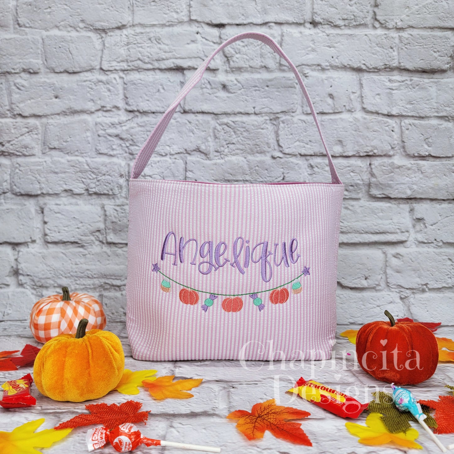 Kids Embroidered Halloween Seersucker Basket Pastel Pumpkins and Candy