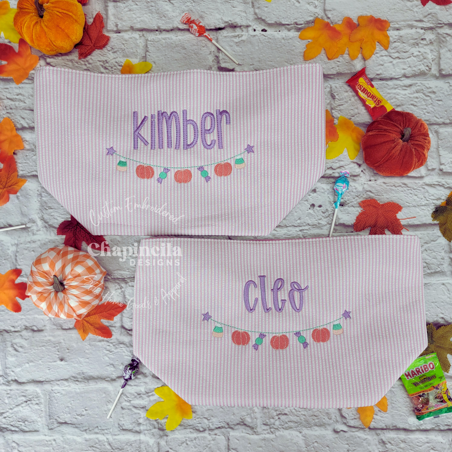 Kids Embroidered Halloween Seersucker Basket Pastel Pumpkins and Candy