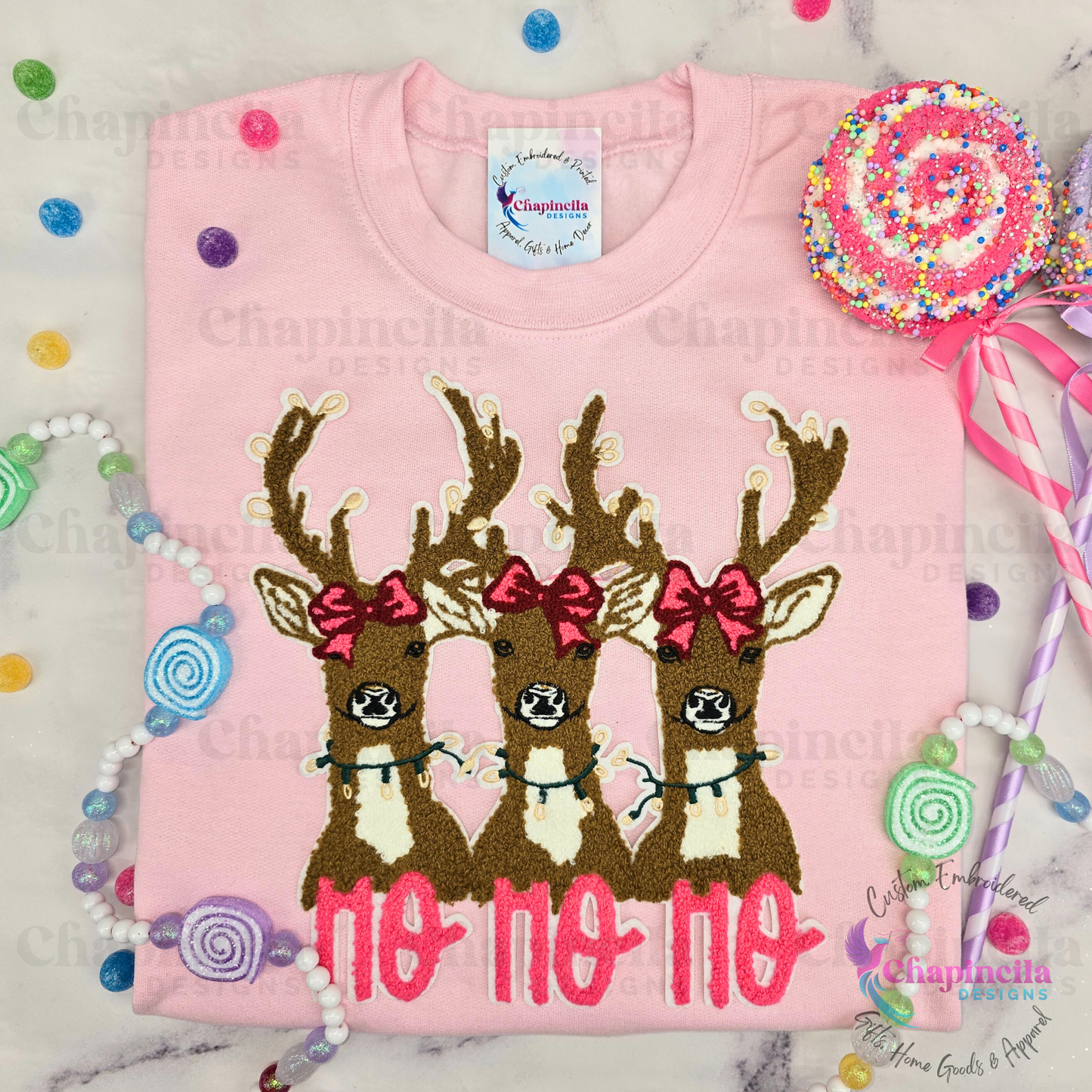 Christmas Reindeer Embroidered Patch Sweatshirt, Cute Holiday Coquette Bow Deer Crewneck, Vintage Holiday Reindeer Long Sleeve T-Shirt