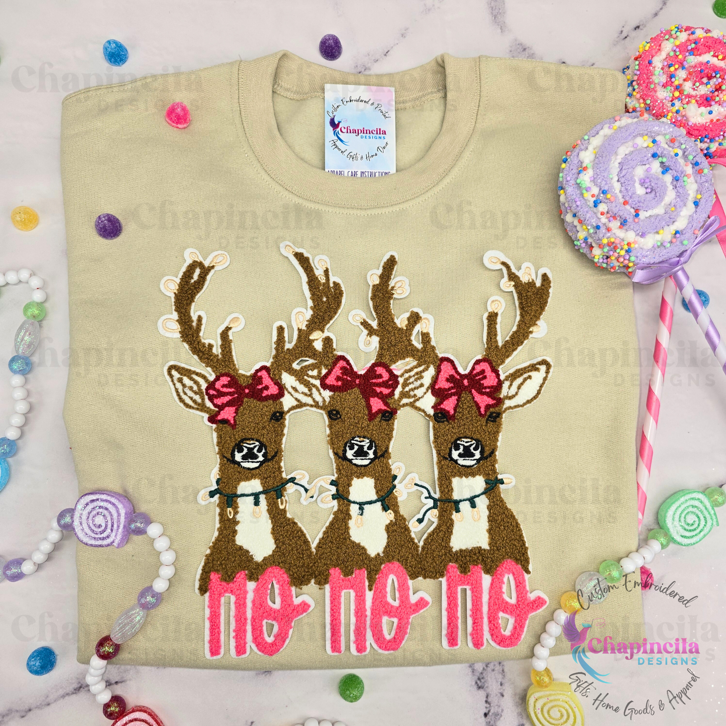 Christmas Reindeer Embroidered Patch Sweatshirt, Cute Holiday Coquette Bow Deer Crewneck, Vintage Holiday Reindeer Long Sleeve T-Shirt