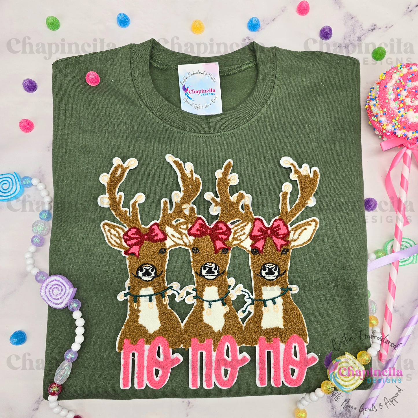 Christmas Reindeer Embroidered Patch Sweatshirt, Cute Holiday Coquette Bow Deer Crewneck, Vintage Holiday Reindeer Long Sleeve T-Shirt