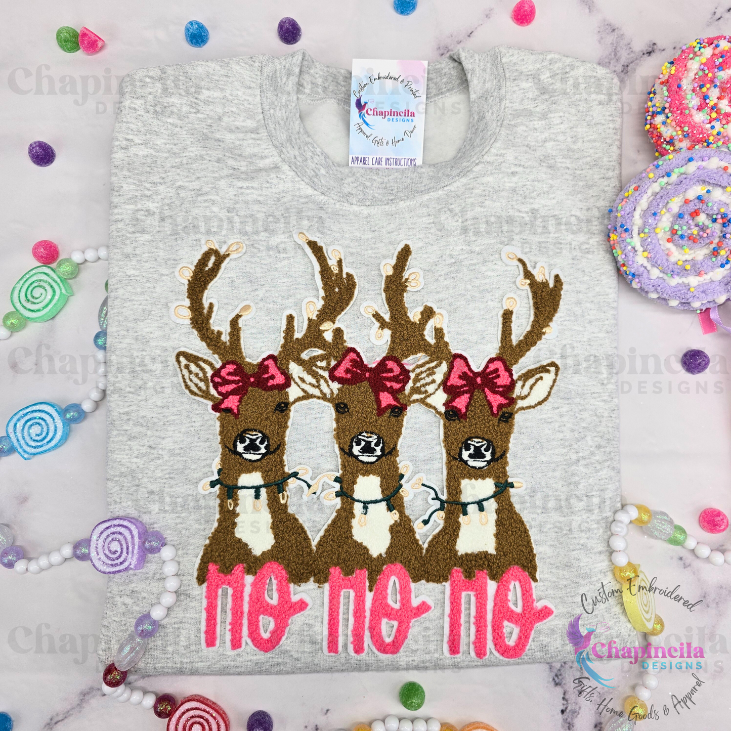 Christmas Reindeer Embroidered Patch Sweatshirt, Cute Holiday Coquette Bow Deer Crewneck, Vintage Holiday Reindeer Long Sleeve T-Shirt
