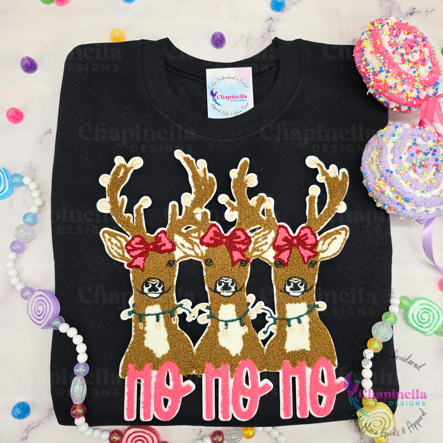 Christmas Reindeer Embroidered Patch Sweatshirt, Cute Holiday Coquette Bow Deer Crewneck, Vintage Holiday Reindeer Long Sleeve T-Shirt