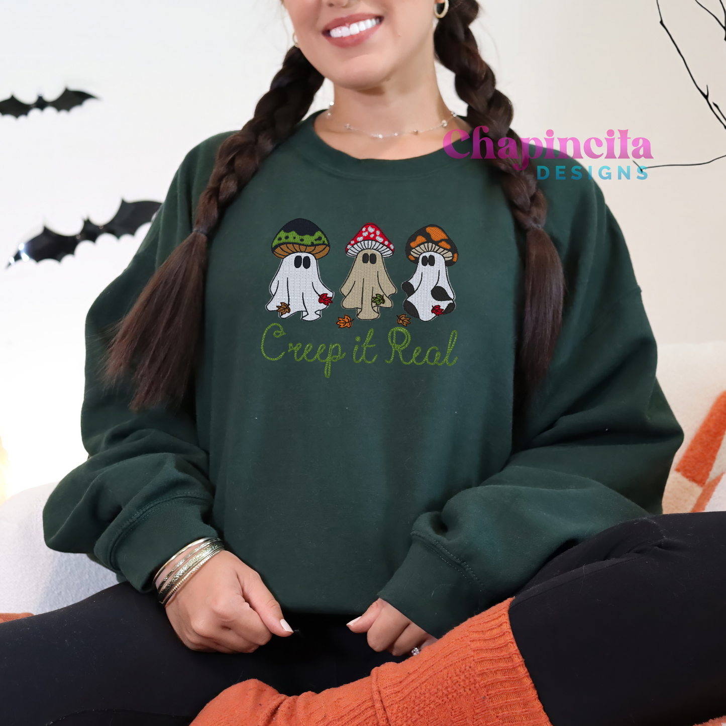 Fall Creep It Real Mushroom Ghosts Embroidery Crewneck, Custom Trendy Mushroom Halloween Sweaters, Fall Mushroom Design Gifts Unisex Womenswear Sweatshirt Pullover