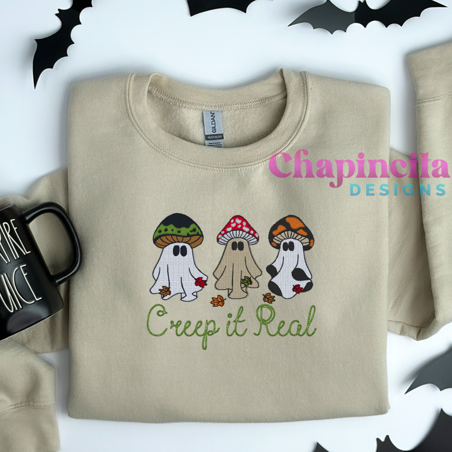 Fall Creep It Real Mushroom Ghosts Embroidery Crewneck, Custom Trendy Mushroom Halloween Sweaters, Fall Mushroom Design Gifts Unisex Womenswear Sweatshirt Pullover