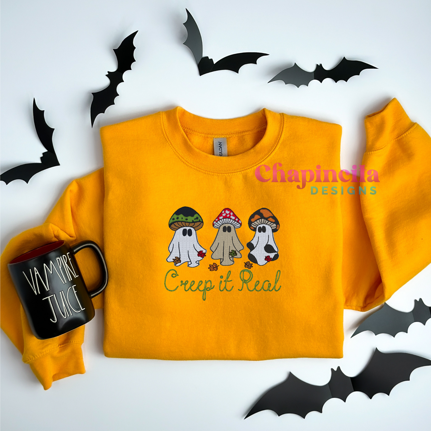 Fall Creep It Real Mushroom Ghosts Embroidery Crewneck, Custom Trendy Mushroom Halloween Sweaters, Fall Mushroom Design Gifts Unisex Womenswear Sweatshirt Pullover