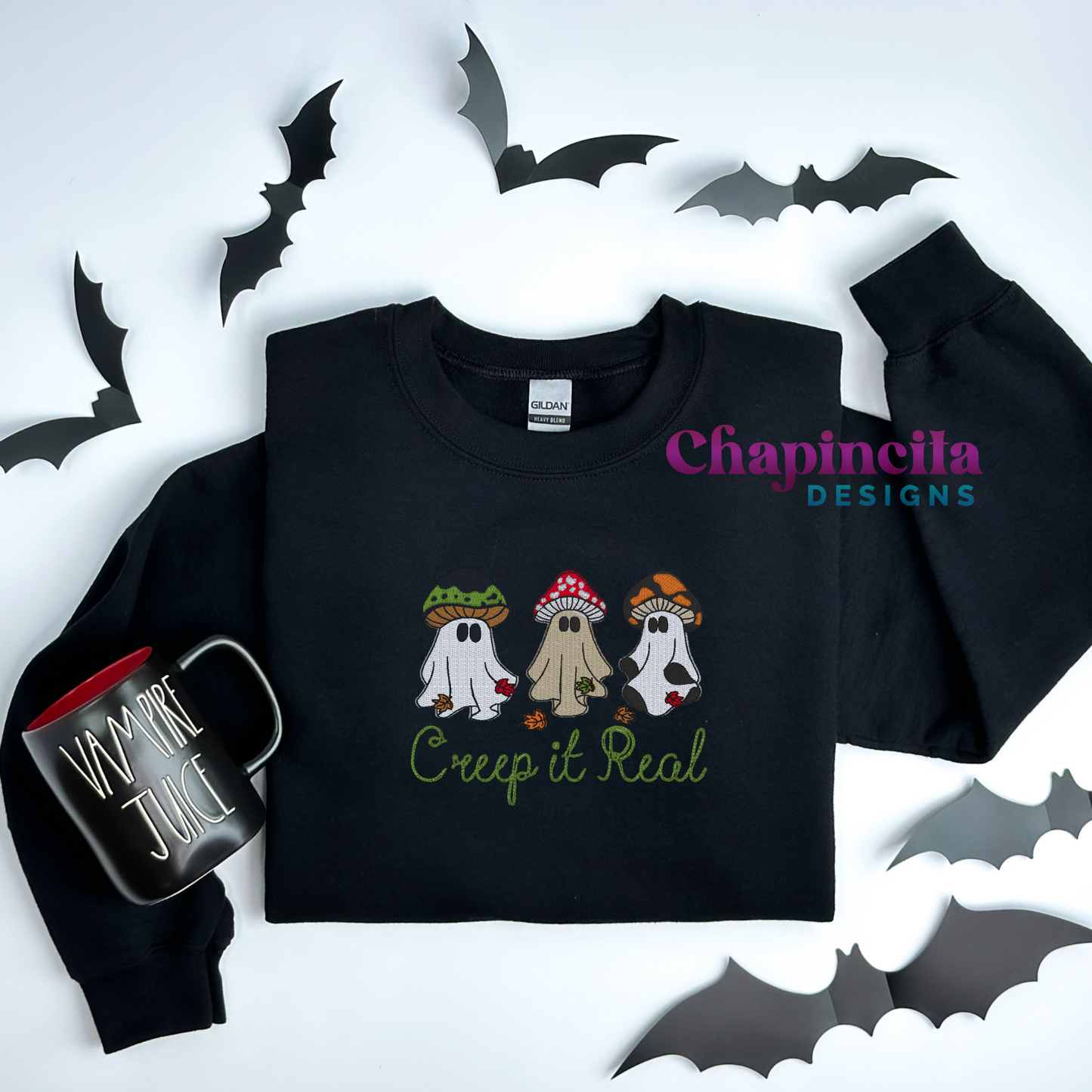 Fall Creep It Real Mushroom Ghosts Embroidery Crewneck, Custom Trendy Mushroom Halloween Sweaters, Fall Mushroom Design Gifts Unisex Womenswear Sweatshirt Pullover