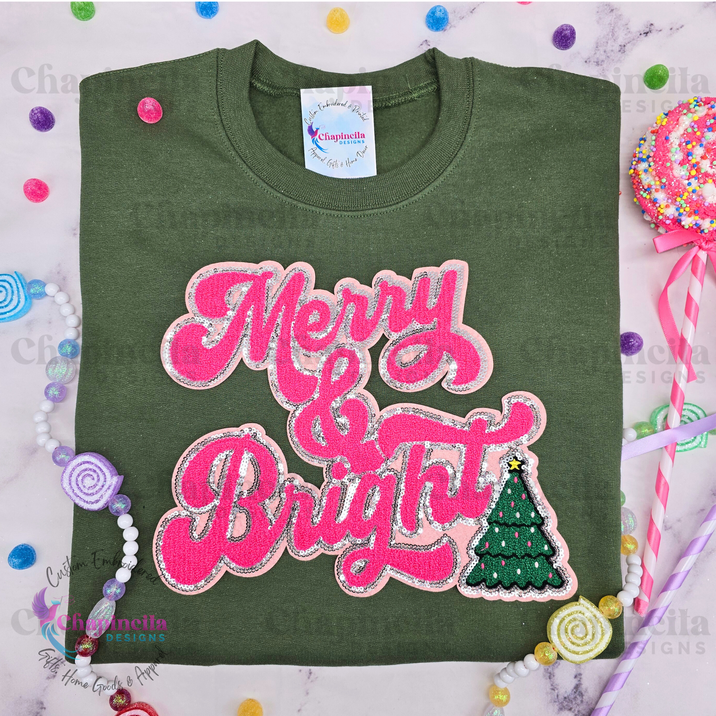 Pink Merry & Bright Sweatshirt, Merry and Bright Sequin Chenille Patch Sweater, Holiday Crewneck, Holiday Gifts for Her, Holiday Apparel
