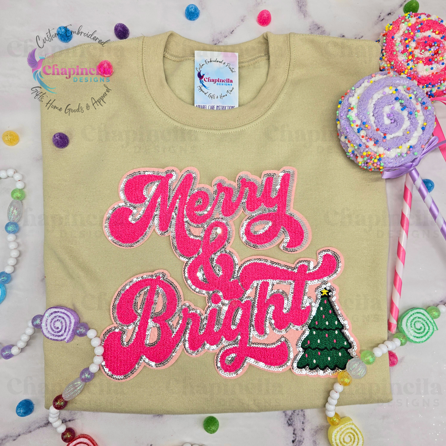 Pink Merry & Bright Sweatshirt, Merry and Bright Sequin Chenille Patch Sweater, Holiday Crewneck, Holiday Gifts for Her, Holiday Apparel