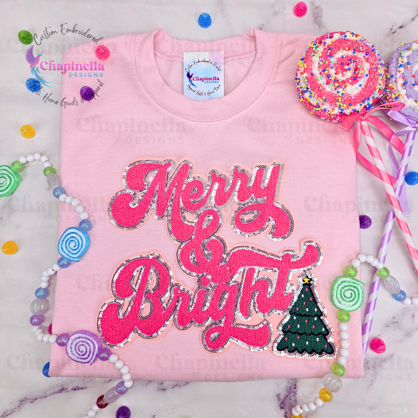 Pink Merry & Bright Sweatshirt, Merry and Bright Sequin Chenille Patch Sweater, Holiday Crewneck, Holiday Gifts for Her, Holiday Apparel