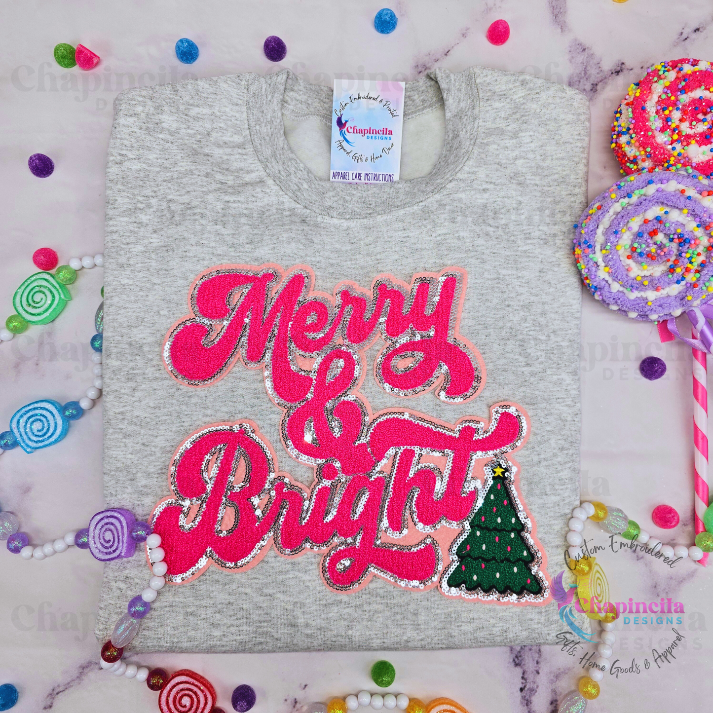 Pink Merry & Bright Sweatshirt, Merry and Bright Sequin Chenille Patch Sweater, Holiday Crewneck, Holiday Gifts for Her, Holiday Apparel
